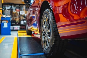 A car on the body shop floor. A used frame straightening bench is viable, provided it meets requirements.